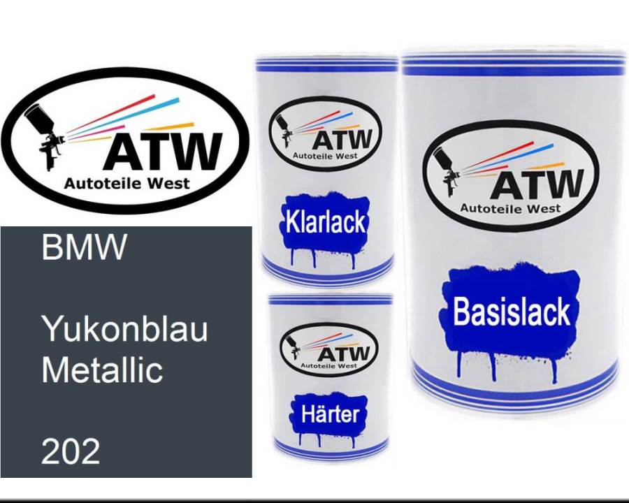 BMW, Yukonblau Metallic, 202: 500ml Lackdose + 500ml Klarlack + 250ml Härter - Set, von ATW Autoteile West.